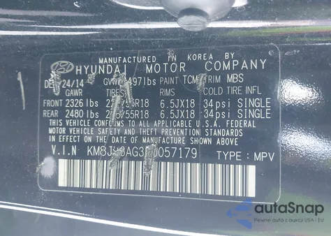 2015 Hyundai Tucson Limited z USA, uszkodzony, nr VIN KM8JU3AG3FU057179